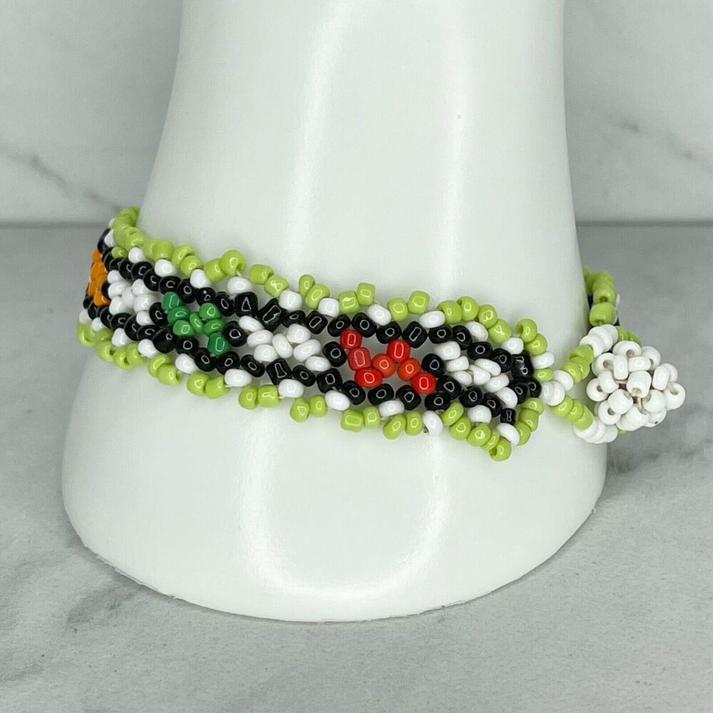 Colorful Beaded Toggle Close Bracelet Green White Yellow Red Orange Black